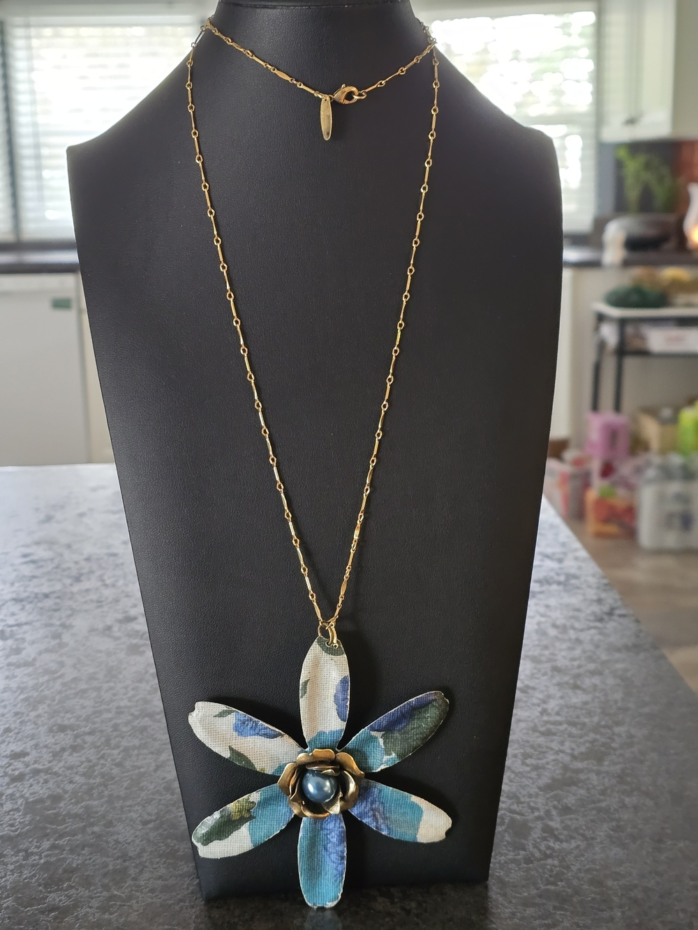 Floral Pendant Long Necklace in Blue and Green - Picture 3 of 13